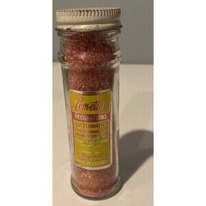 Vtg Comettes Pink Cake Sugar Sprinkle Decorations Glass Jar Metal Lid Com-ettes
